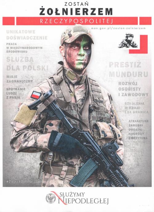 Skan plakatu na którym jest żołnierz z karabinem